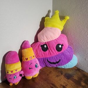 Lot of 2 SHOPKINS Lippy Lips & 1 Justice Rainbow Emoji Plush